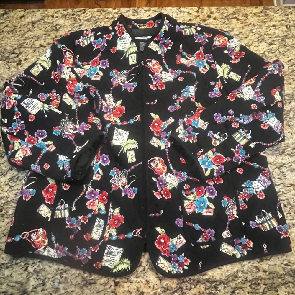 Requirements Woman 2X Quilted Jacket Black Floral Novelty Print Zip Front Pocket